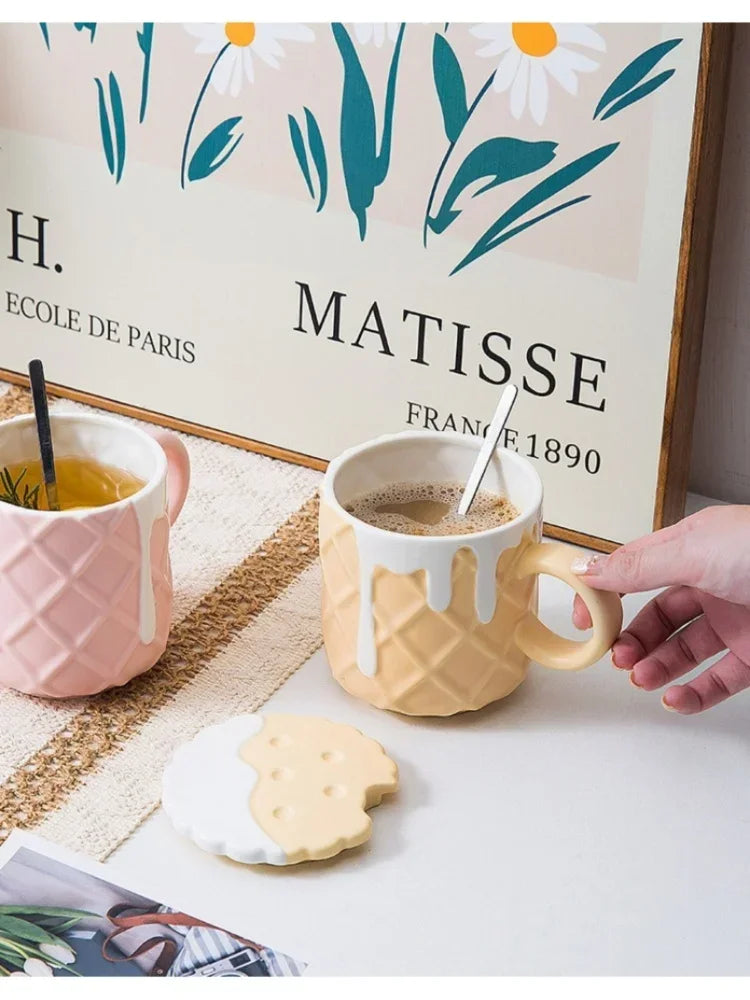 1pc 400ML Biscuit Pattern Coffee Mug With Lid And Spoon Ceramic Coffee Cups Cute Kawaii Water Cup Summer Winter Drinkware Gifts