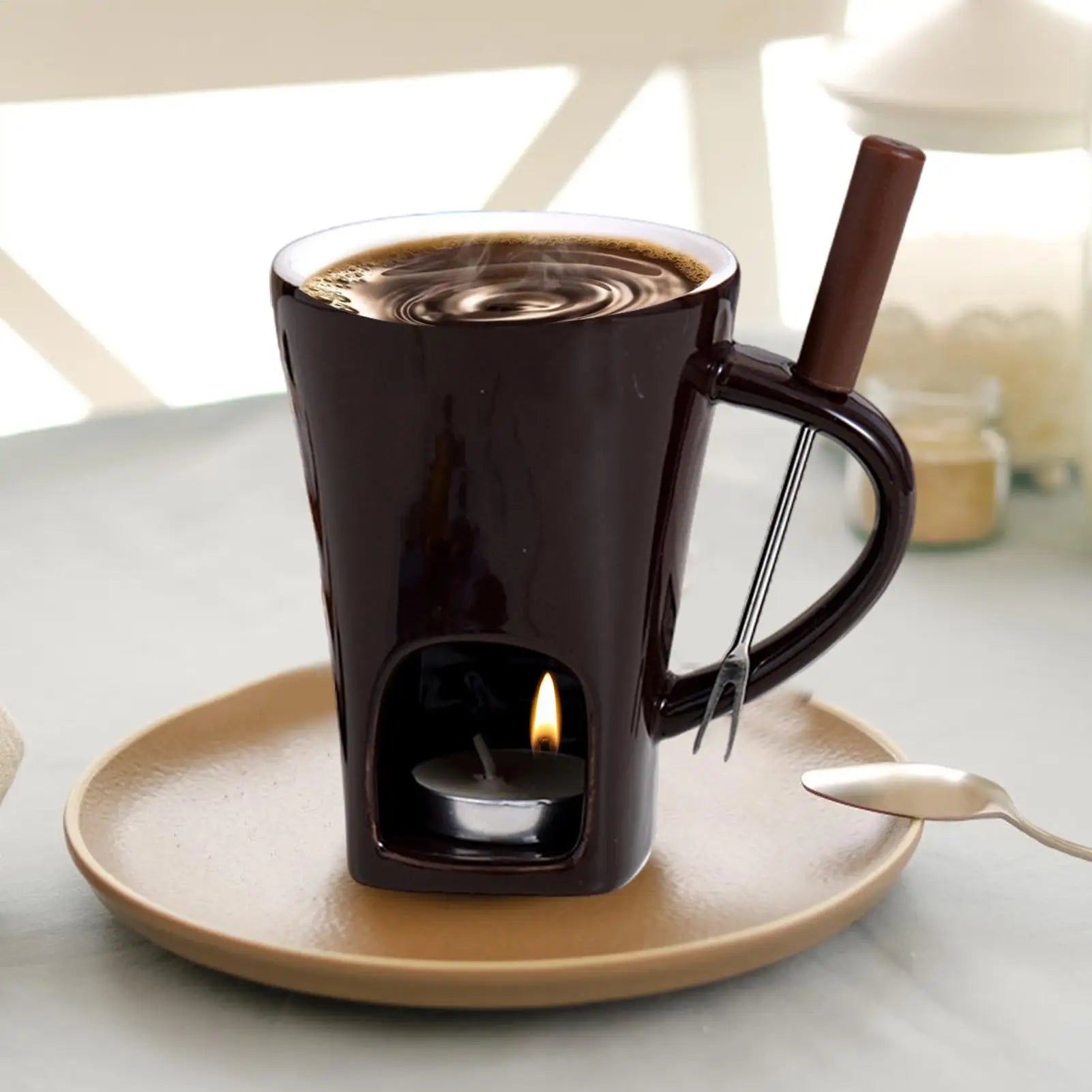 130ML European Candle Cup Cheese Chocolate Melting Ceramic Mug Heating Food Ceramic Mug with Fork Creative Coffee Mug Tableware