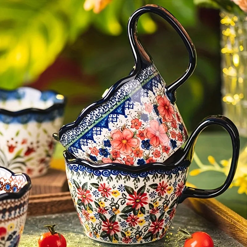 1pc Elegant Hand-Painted Floral Ceramic Mug with Handle - Microwave Safe, Insulated for Hot & Cold Drinks