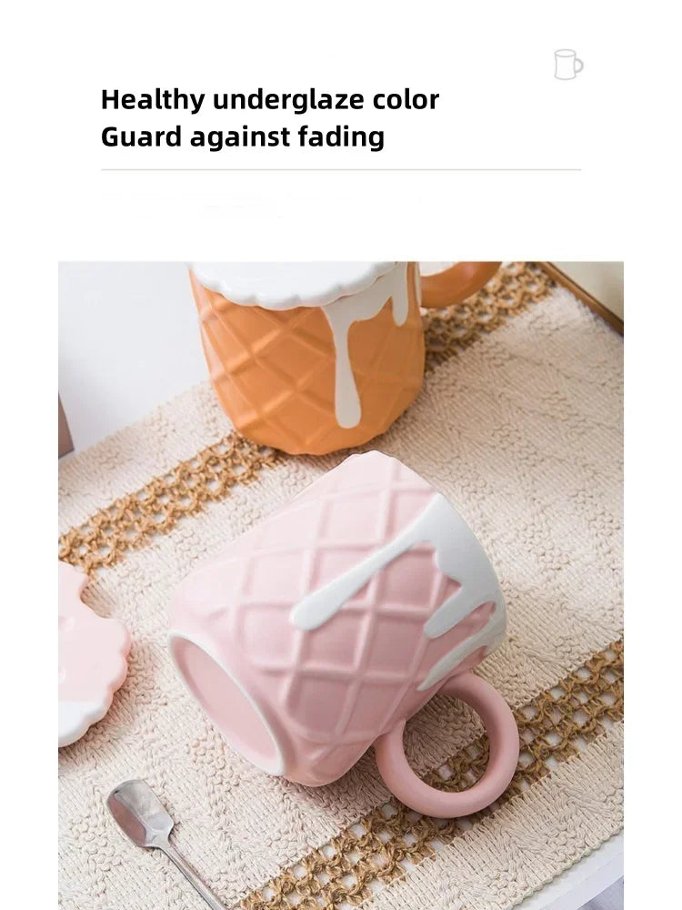 1pc 400ML Biscuit Pattern Coffee Mug With Lid And Spoon Ceramic Coffee Cups Cute Kawaii Water Cup Summer Winter Drinkware Gifts