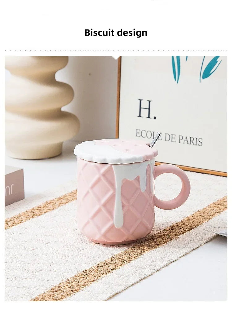 1pc 400ML Biscuit Pattern Coffee Mug With Lid And Spoon Ceramic Coffee Cups Cute Kawaii Water Cup Summer Winter Drinkware Gifts