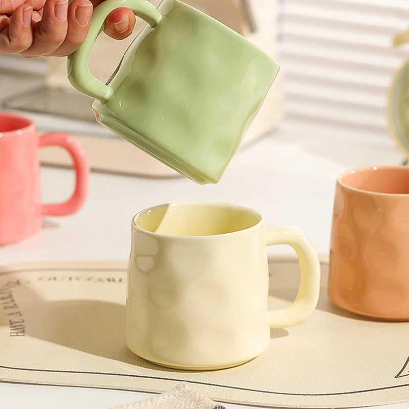 350ml Household Solid Ceramic Cup New Handle Cream Wind Office Coffee Cups High Aesthetic Underglaze Colour Green Creative Mug