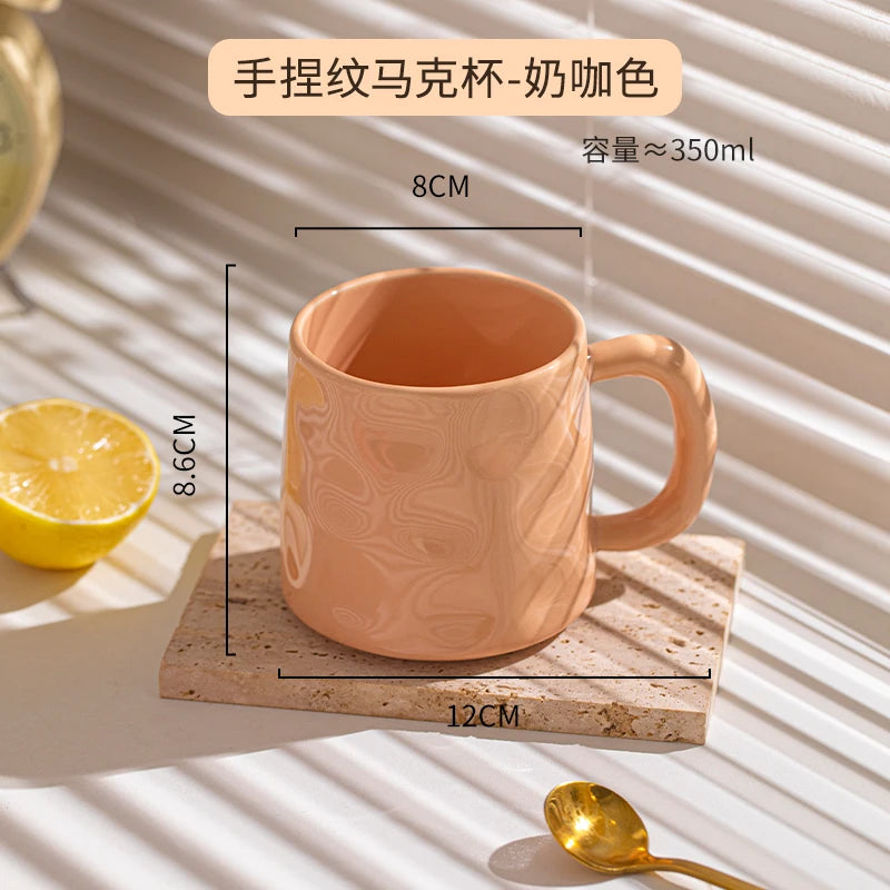350ml Household Solid Ceramic Cup New Handle Cream Wind Office Coffee Cups High Aesthetic Underglaze Colour Green Creative Mug