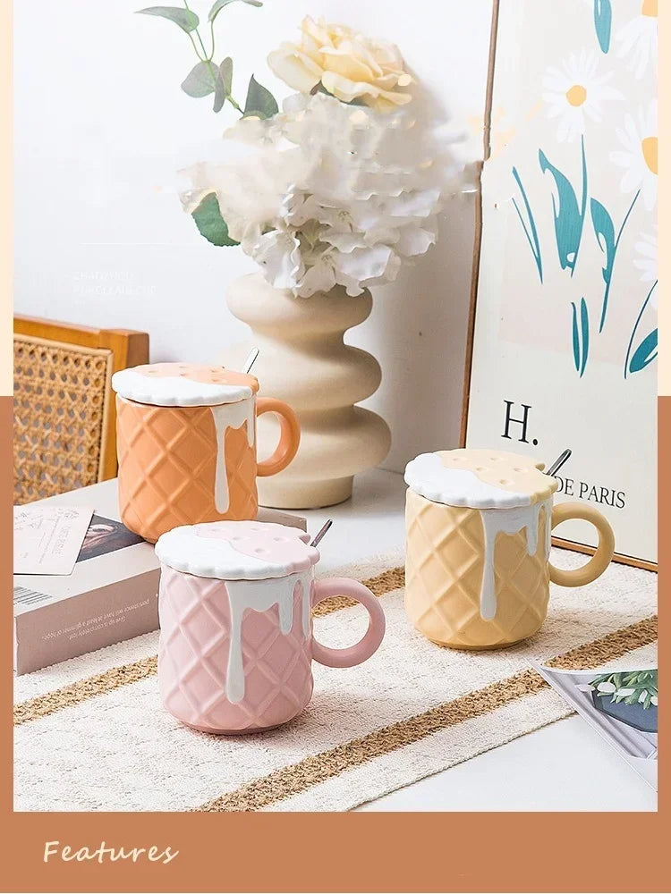 1pc 400ML Biscuit Pattern Coffee Mug With Lid And Spoon Ceramic Coffee Cups Cute Kawaii Water Cup Summer Winter Drinkware Gifts