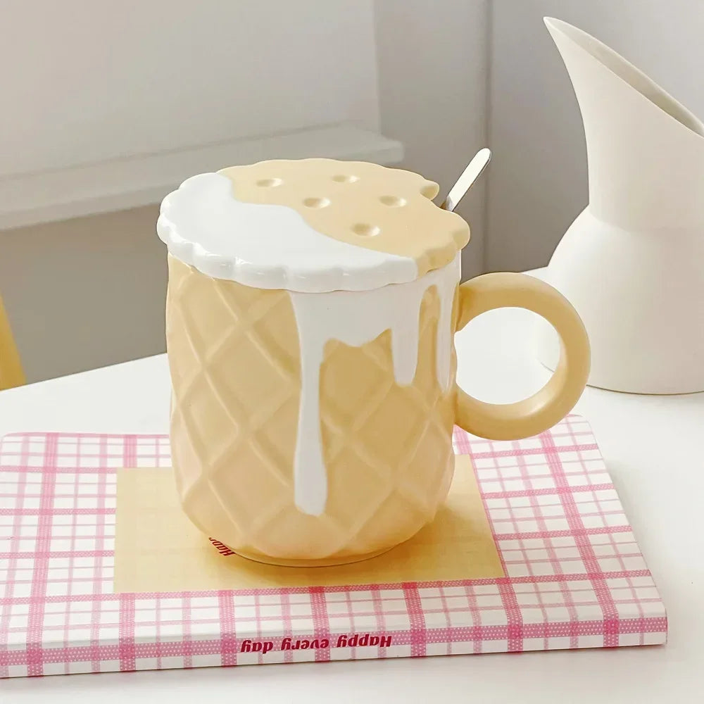 1pc 400ML Biscuit Pattern Coffee Mug With Lid And Spoon Ceramic Coffee Cups Cute Kawaii Water Cup Summer Winter Drinkware Gifts