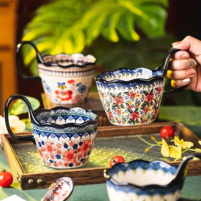 1pc Elegant Hand-Painted Floral Ceramic Mug with Handle - Microwave Safe, Insulated for Hot & Cold Drinks