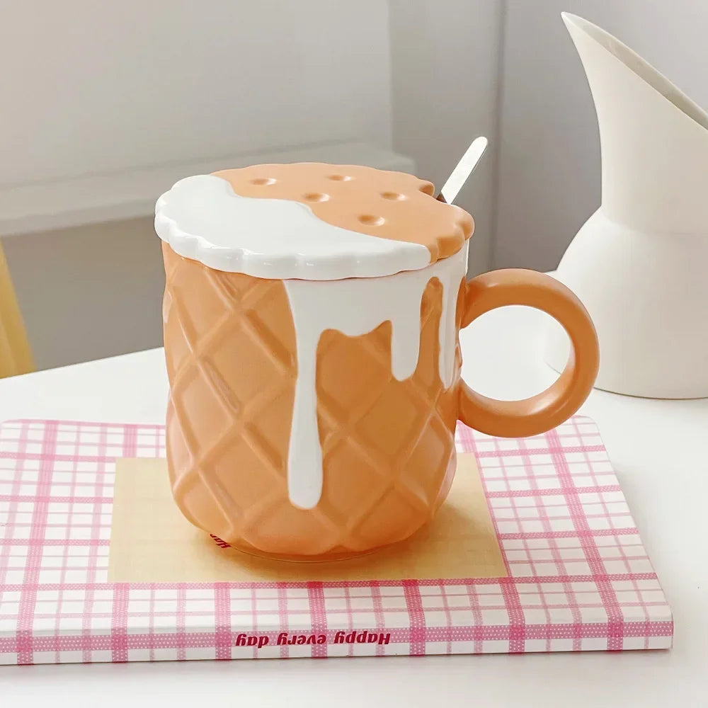 1pc 400ML Biscuit Pattern Coffee Mug With Lid And Spoon Ceramic Coffee Cups Cute Kawaii Water Cup Summer Winter Drinkware Gifts