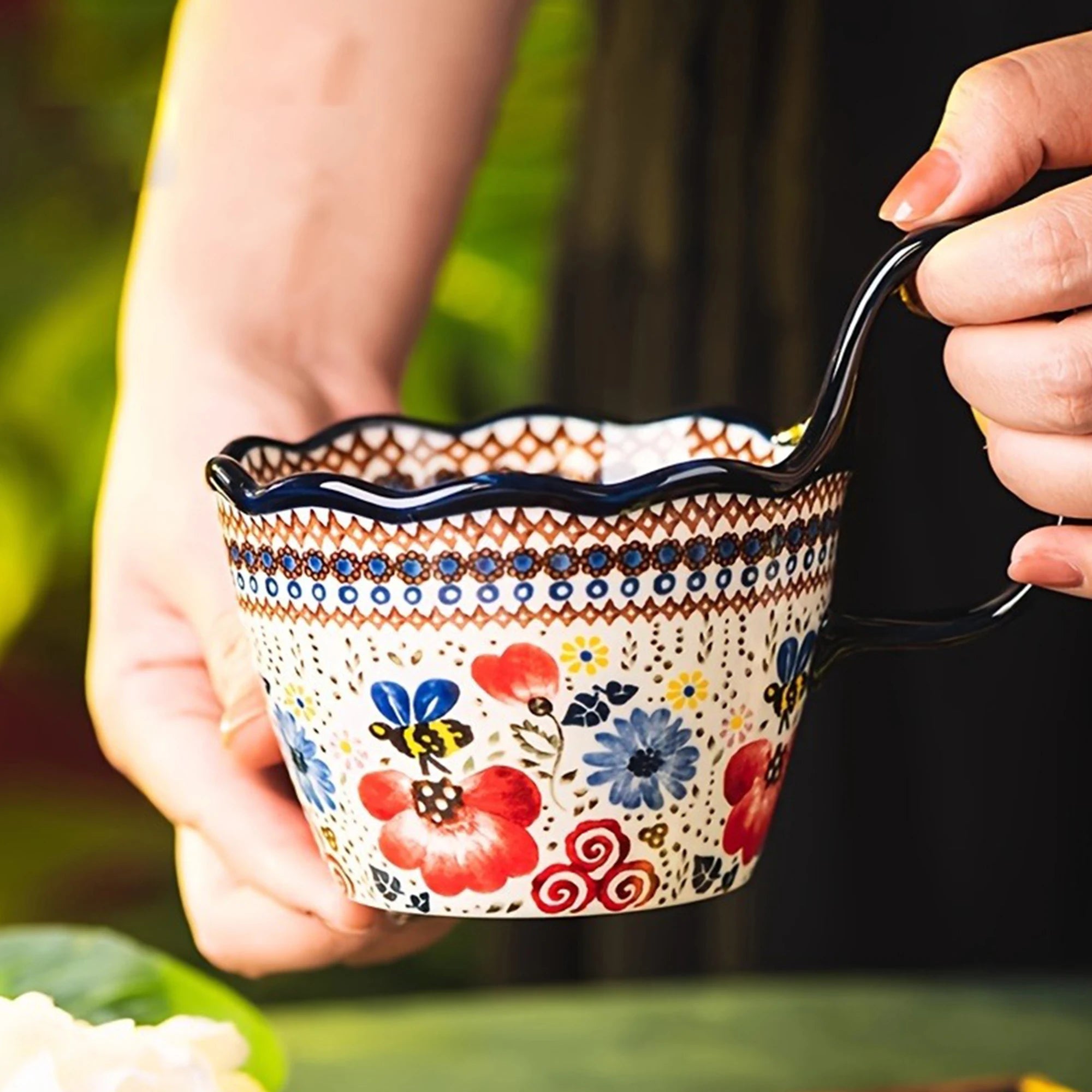 1pc Elegant Hand-Painted Floral Ceramic Mug with Handle - Microwave Safe, Insulated for Hot & Cold Drinks