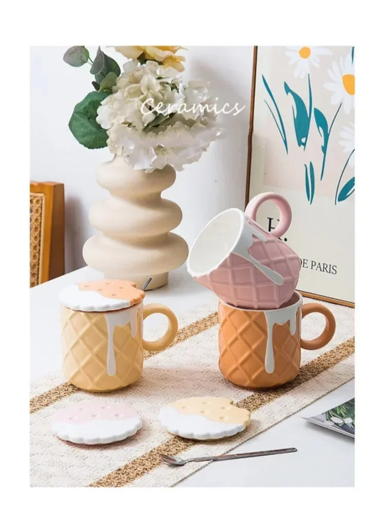 1pc 400ML Biscuit Pattern Coffee Mug With Lid And Spoon Ceramic Coffee Cups Cute Kawaii Water Cup Summer Winter Drinkware Gifts