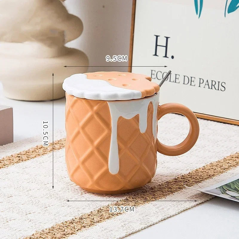 1pc 400ML Biscuit Pattern Coffee Mug With Lid And Spoon Ceramic Coffee Cups Cute Kawaii Water Cup Summer Winter Drinkware Gifts
