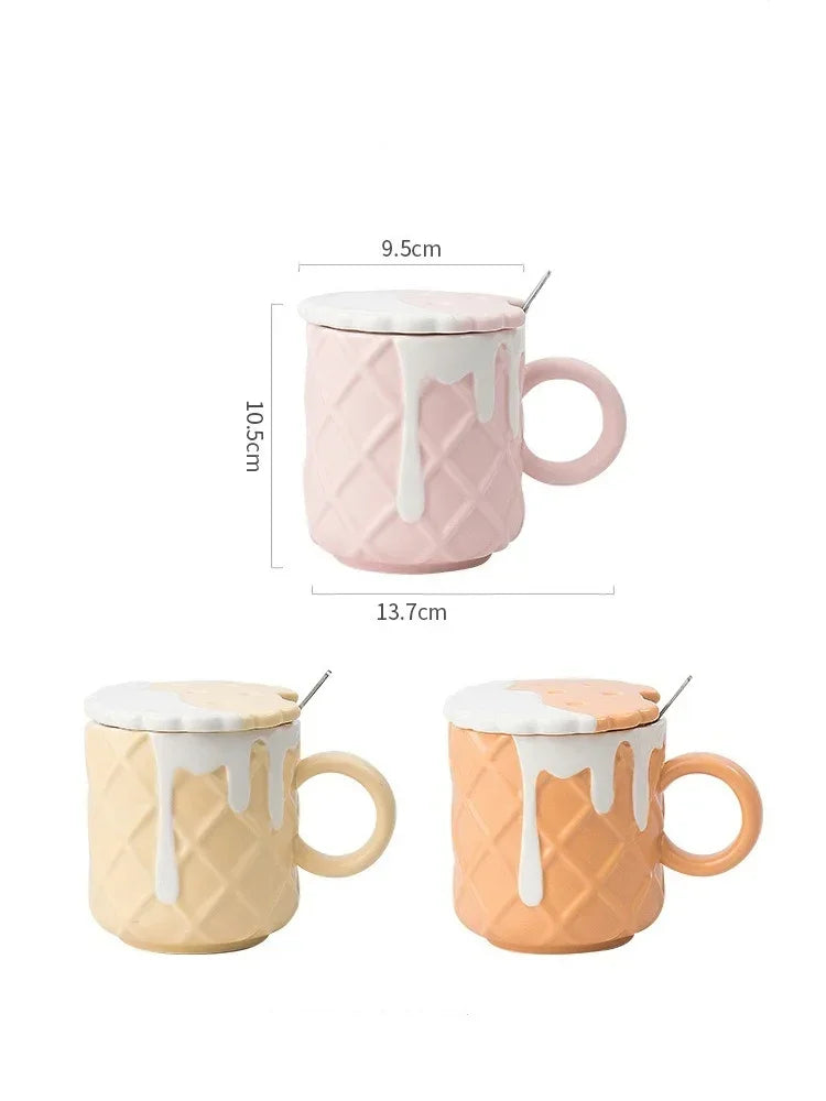 1pc 400ML Biscuit Pattern Coffee Mug With Lid And Spoon Ceramic Coffee Cups Cute Kawaii Water Cup Summer Winter Drinkware Gifts