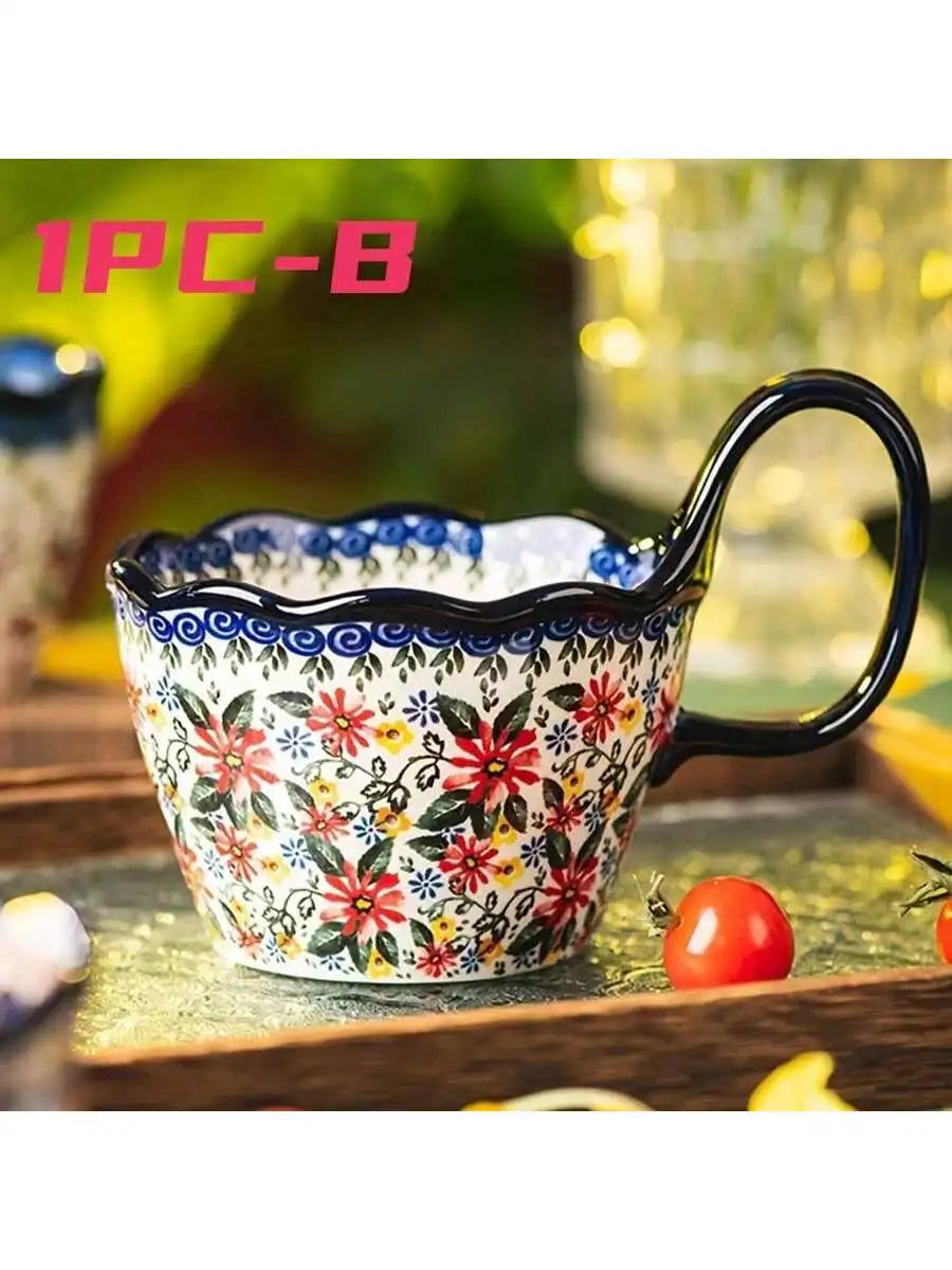1pc Elegant Hand-Painted Floral Ceramic Mug with Handle - Microwave Safe, Insulated for Hot & Cold Drinks