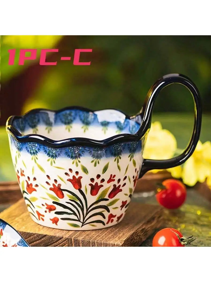 1pc Elegant Hand-Painted Floral Ceramic Mug with Handle - Microwave Safe, Insulated for Hot & Cold Drinks