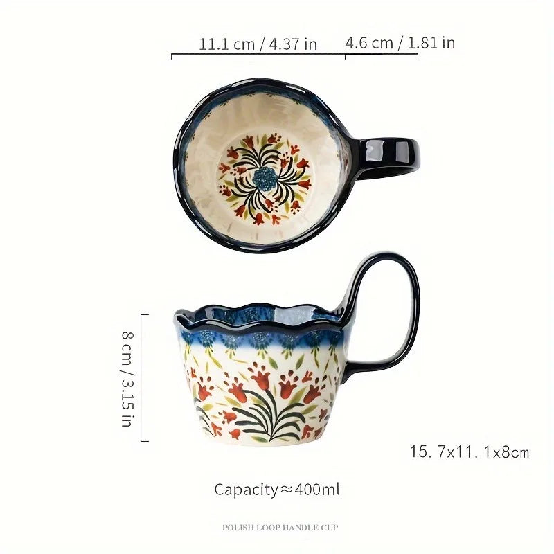 1pc Elegant Hand-Painted Floral Ceramic Mug with Handle - Microwave Safe, Insulated for Hot & Cold Drinks