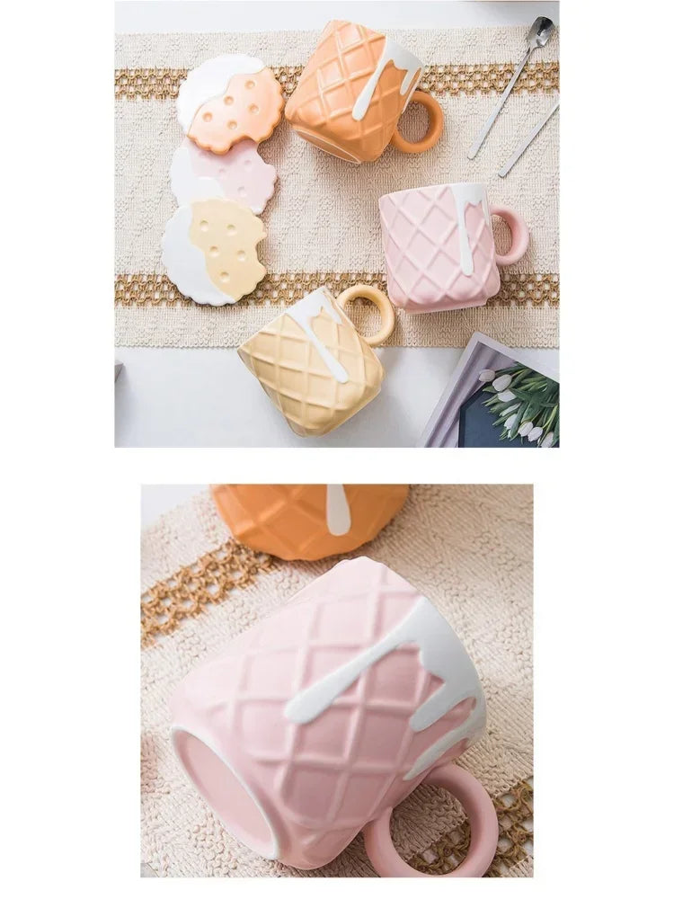 1pc 400ML Biscuit Pattern Coffee Mug With Lid And Spoon Ceramic Coffee Cups Cute Kawaii Water Cup Summer Winter Drinkware Gifts