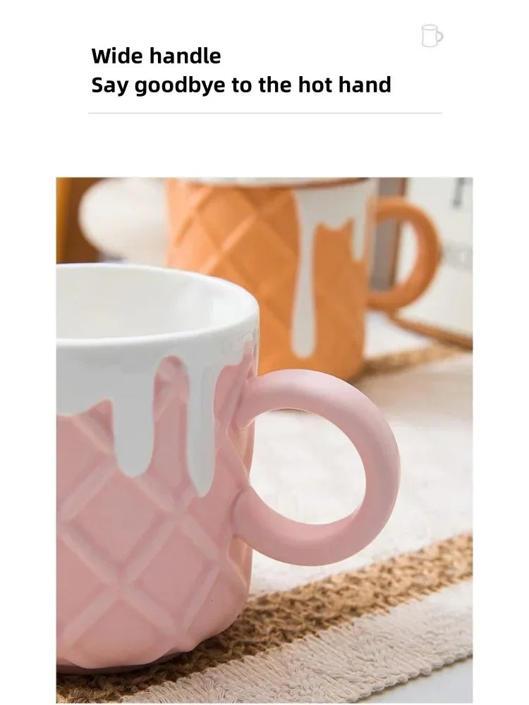 1pc 400ML Biscuit Pattern Coffee Mug With Lid And Spoon Ceramic Coffee Cups Cute Kawaii Water Cup Summer Winter Drinkware Gifts