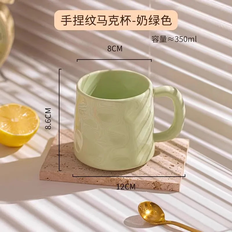 350ml Household Solid Ceramic Cup New Handle Cream Wind Office Coffee Cups High Aesthetic Underglaze Colour Green Creative Mug