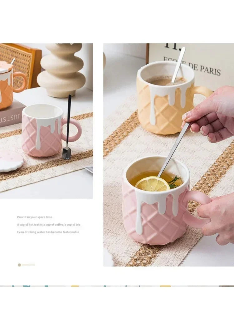 1pc 400ML Biscuit Pattern Coffee Mug With Lid And Spoon Ceramic Coffee Cups Cute Kawaii Water Cup Summer Winter Drinkware Gifts