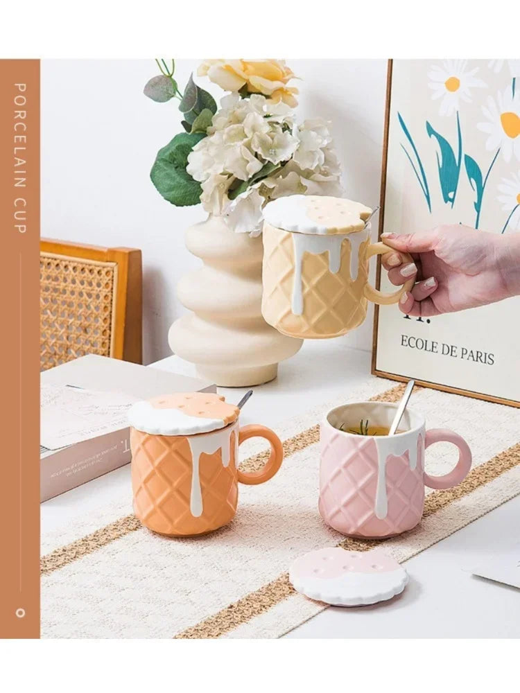 1pc 400ML Biscuit Pattern Coffee Mug With Lid And Spoon Ceramic Coffee Cups Cute Kawaii Water Cup Summer Winter Drinkware Gifts